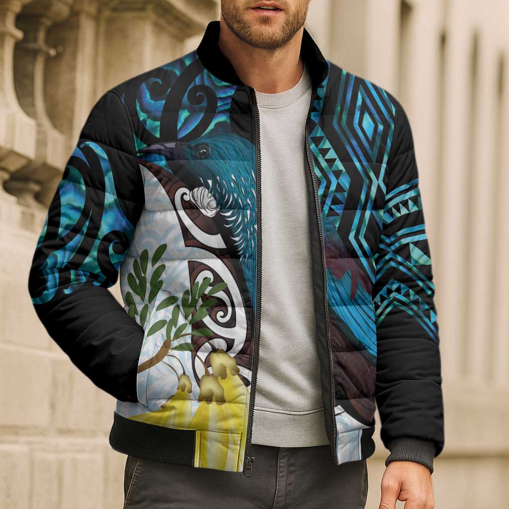 New Zealand Silver Fern Tui Bird Bomber Puffer Jacket Maori Kowhai Paua Shell Taniko Motifs - Aussie Hoodie
