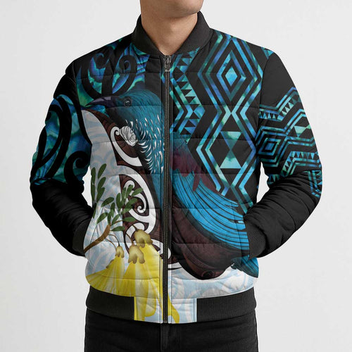 New Zealand Silver Fern Tui Bird Bomber Puffer Jacket Maori Kowhai Paua Shell Taniko Motifs - Aussie Hoodie