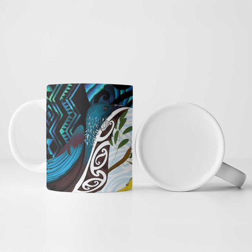 New Zealand Silver Fern Tui Bird Ceramic Mug Maori Kowhai Paua Shell Taniko Motifs - Aussie Hoodie