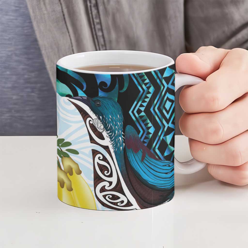 New Zealand Silver Fern Tui Bird Ceramic Mug Maori Kowhai Paua Shell Taniko Motifs - Aussie Hoodie