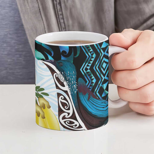 New Zealand Silver Fern Tui Bird Ceramic Mug Maori Kowhai Paua Shell Taniko Motifs - Aussie Hoodie