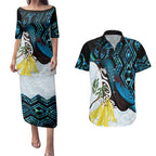 New Zealand Silver Fern Tui Bird Couples Matching Puletasi and Hawaiian Shirt Maori Kowhai Paua Shell Taniko Motifs