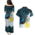 New Zealand Silver Fern Tui Bird Couples Matching Puletasi and Hawaiian Shirt Maori Kowhai Paua Shell Taniko Motifs