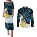 New Zealand Silver Fern Tui Bird Couples Matching Puletasi and Long Sleeve Button Shirt Maori Kowhai Paua Shell Taniko Motifs
