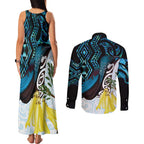 New Zealand Silver Fern Tui Bird Couples Matching Tank Maxi Dress and Long Sleeve Button Shirt Maori Kowhai Paua Shell Taniko Motifs