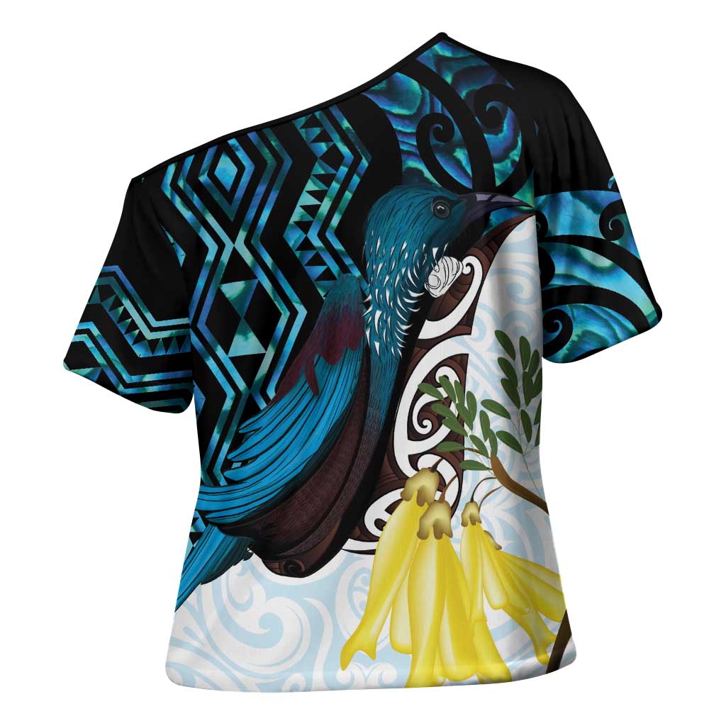 New Zealand Silver Fern Tui Bird Cross Shoulder Shirt Maori Kowhai Paua Shell Taniko Motifs - Aussie Hoodie