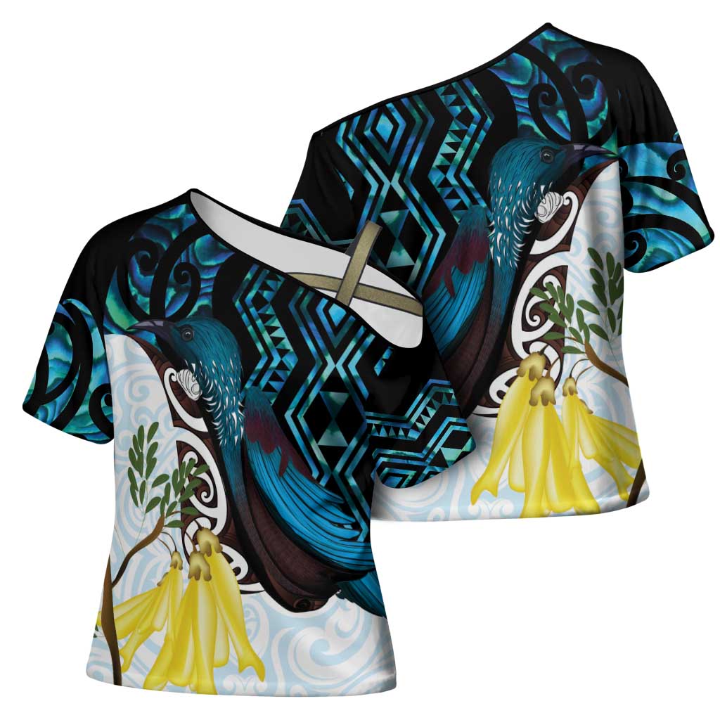 New Zealand Silver Fern Tui Bird Cross Shoulder Shirt Maori Kowhai Paua Shell Taniko Motifs - Aussie Hoodie