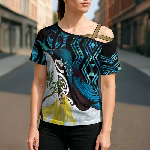 New Zealand Silver Fern Tui Bird Cross Shoulder Shirt Maori Kowhai Paua Shell Taniko Motifs - Aussie Hoodie