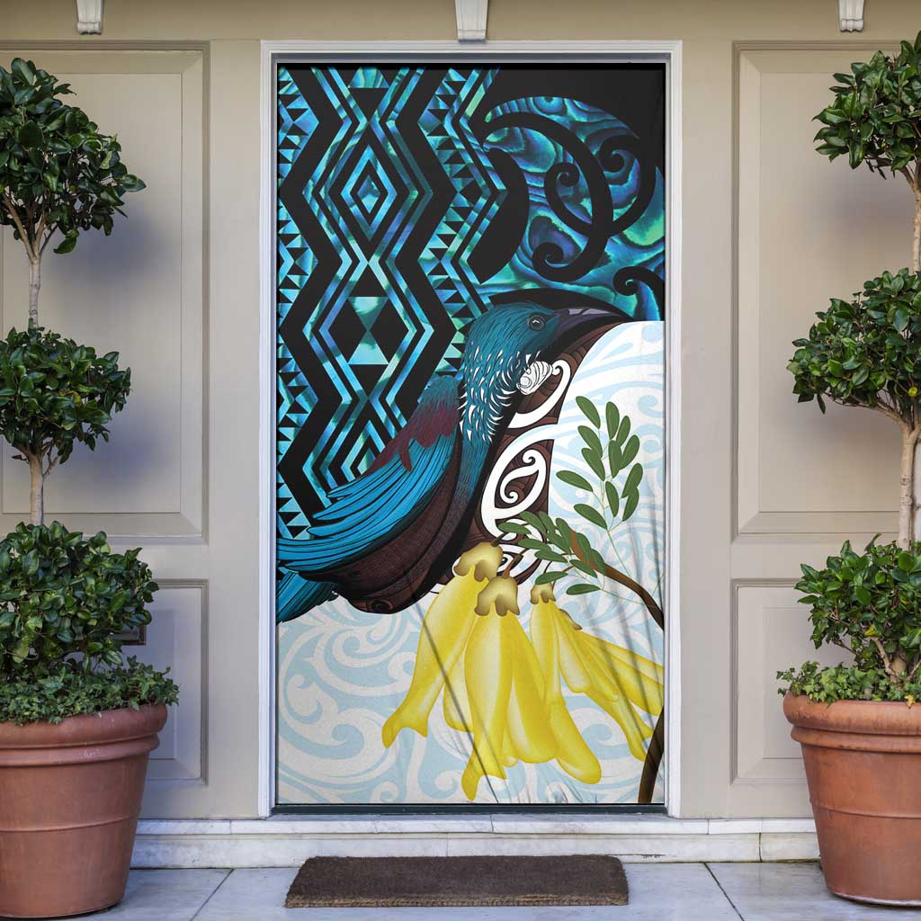 New Zealand Silver Fern Tui Bird Door Cover Maori Kowhai Paua Shell Taniko Motifs - Aussie Hoodie