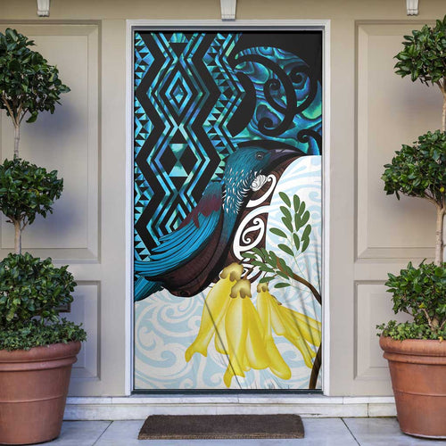 New Zealand Silver Fern Tui Bird Door Cover Maori Kowhai Paua Shell Taniko Motifs - Aussie Hoodie