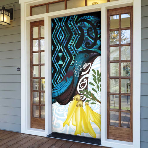New Zealand Silver Fern Tui Bird Door Cover Maori Kowhai Paua Shell Taniko Motifs - Aussie Hoodie
