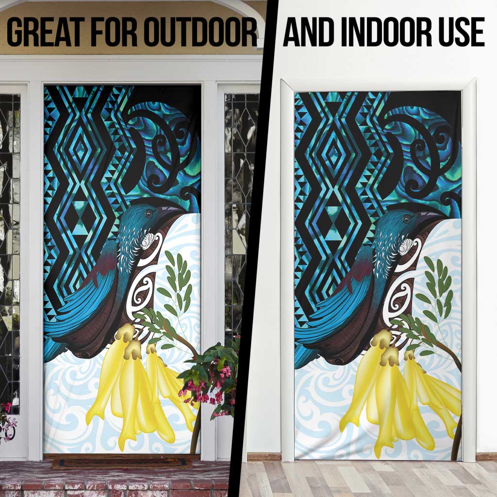 New Zealand Silver Fern Tui Bird Door Cover Maori Kowhai Paua Shell Taniko Motifs - Aussie Hoodie