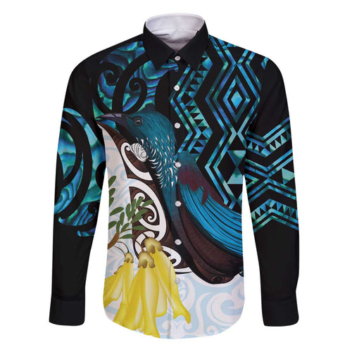 New Zealand Silver Fern Tui Bird Family Matching Off The Shoulder Long Sleeve Dress and Hawaiian Shirt Maori Kowhai Paua Shell Taniko Motifs