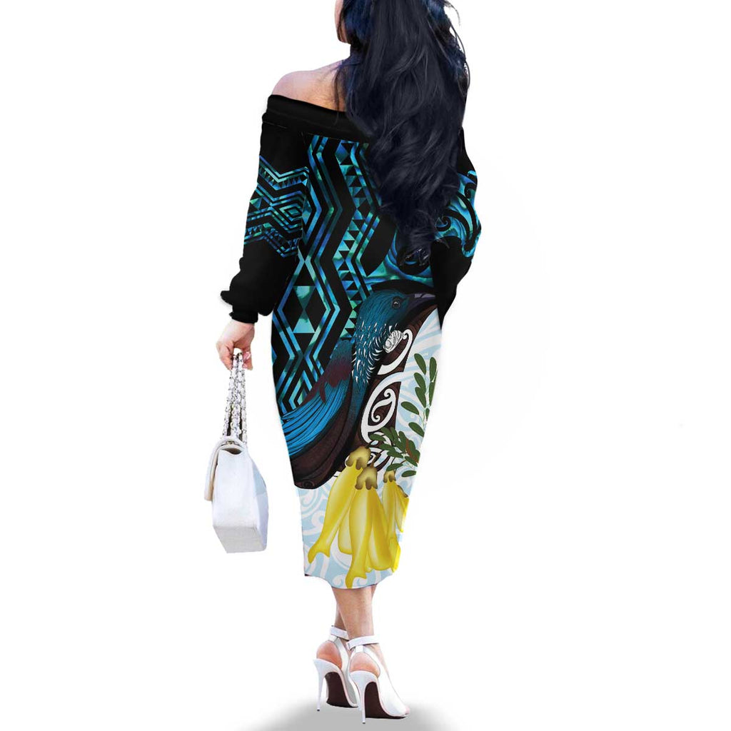 New Zealand Silver Fern Tui Bird Family Matching Off The Shoulder Long Sleeve Dress and Hawaiian Shirt Maori Kowhai Paua Shell Taniko Motifs
