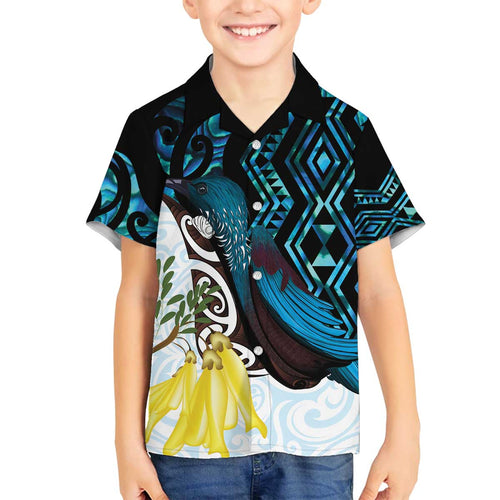 New Zealand Silver Fern Tui Bird Family Matching Off The Shoulder Long Sleeve Dress and Hawaiian Shirt Maori Kowhai Paua Shell Taniko Motifs