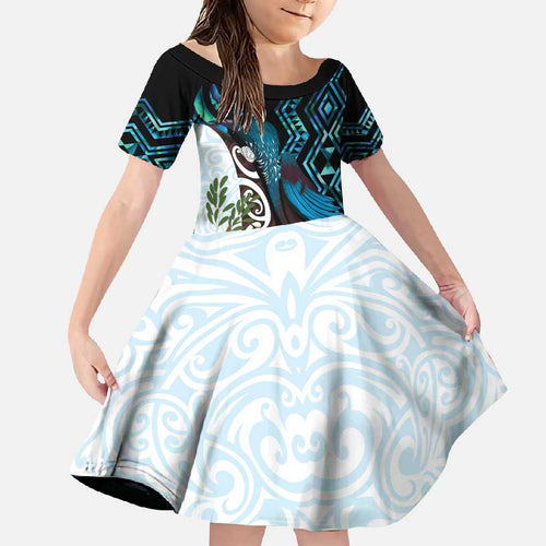 New Zealand Silver Fern Tui Bird Family Matching Off Shoulder Maxi Dress and Hawaiian Shirt Maori Kowhai Paua Shell Taniko Motifs