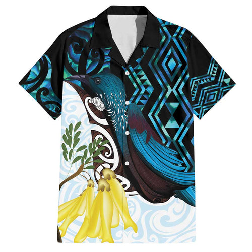 New Zealand Silver Fern Tui Bird Family Matching Off Shoulder Maxi Dress and Hawaiian Shirt Maori Kowhai Paua Shell Taniko Motifs