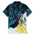 New Zealand Silver Fern Tui Bird Family Matching Off Shoulder Short Dress and Hawaiian Shirt Maori Kowhai Paua Shell Taniko Motifs