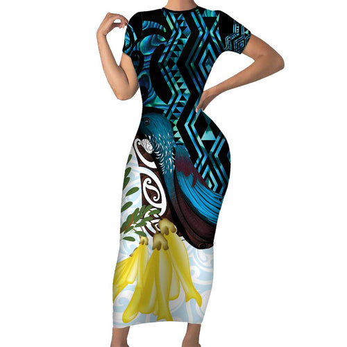 New Zealand Silver Fern Tui Bird Family Matching Short Sleeve Bodycon Dress and Hawaiian Shirt Maori Kowhai Paua Shell Taniko Motifs