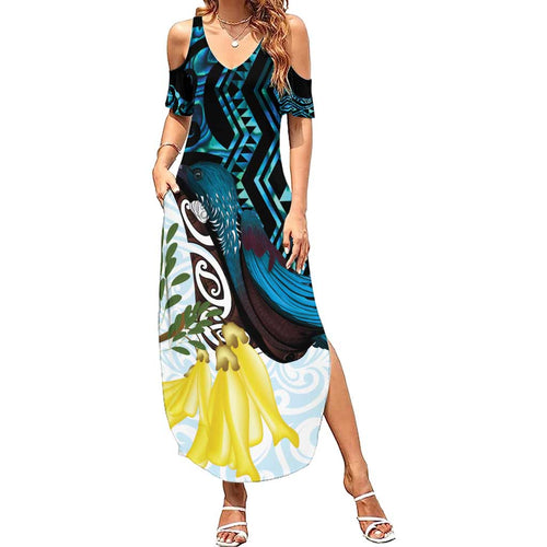 New Zealand Silver Fern Tui Bird Family Matching Summer Maxi Dress and Hawaiian Shirt Maori Kowhai Paua Shell Taniko Motifs