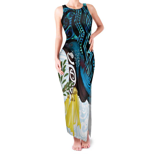 New Zealand Silver Fern Tui Bird Family Matching Tank Maxi Dress and Hawaiian Shirt Maori Kowhai Paua Shell Taniko Motifs