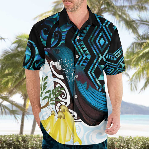 New Zealand Silver Fern Tui Bird Hawaiian Shirt Maori Kowhai Paua Shell Taniko Motifs