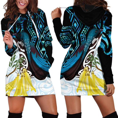 New Zealand Silver Fern Tui Bird Hoodie Dress Maori Kowhai Paua Shell Taniko Motifs