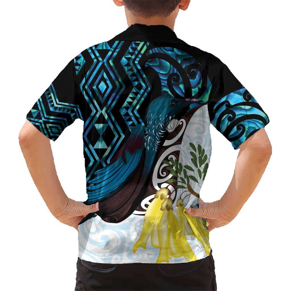 New Zealand Silver Fern Tui Bird Kid Hawaiian Shirt Maori Kowhai Paua Shell Taniko Motifs