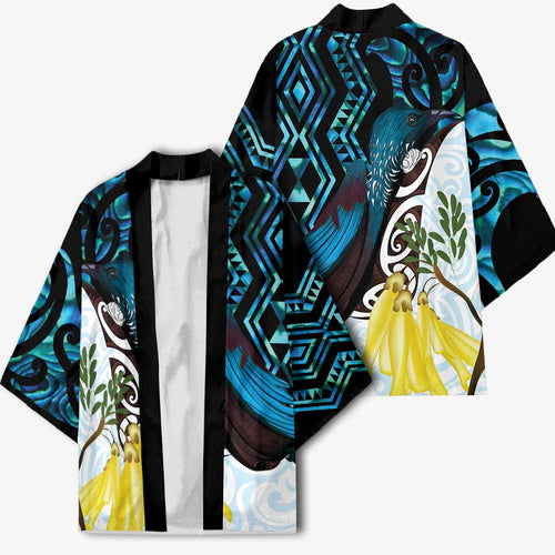 New Zealand Silver Fern Tui Bird Kimono Maori Kowhai Paua Shell Taniko Motifs - Aussie Hoodie