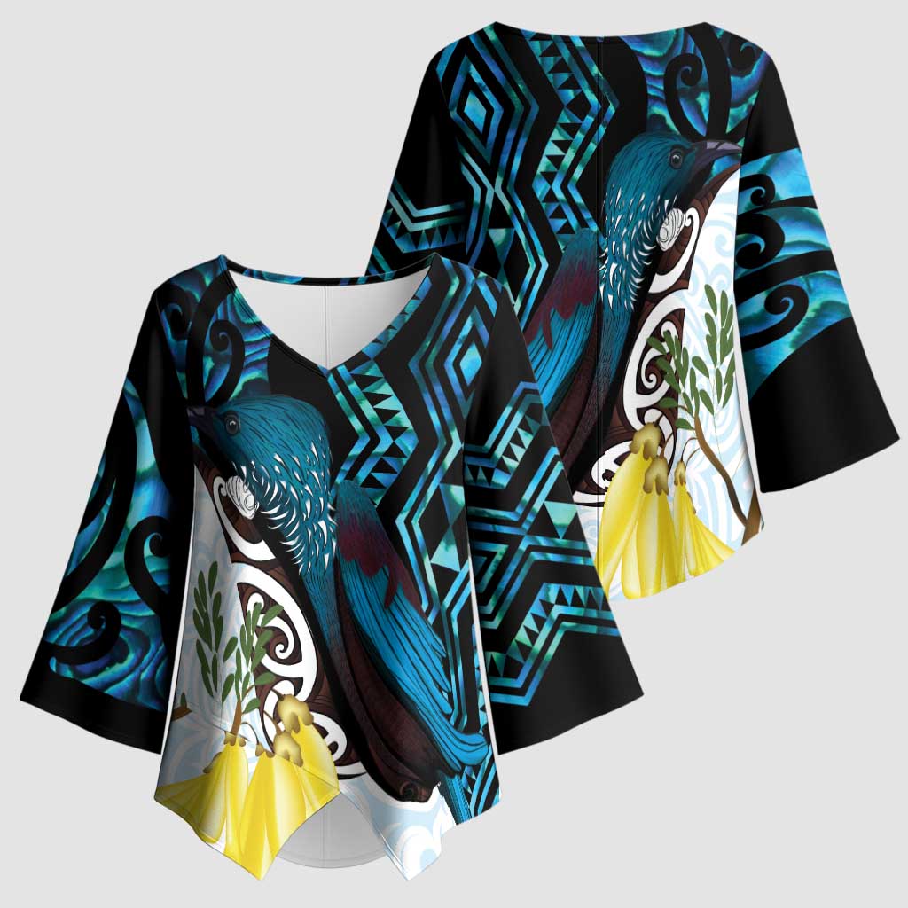 New Zealand Silver Fern Tui Bird Kimono Sleeve Blouse Maori Kowhai Paua Shell Taniko Motifs - Aussie Hoodie