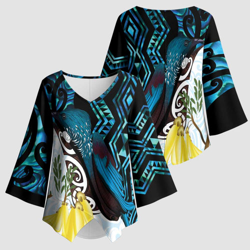 New Zealand Silver Fern Tui Bird Kimono Sleeve Blouse Maori Kowhai Paua Shell Taniko Motifs - Aussie Hoodie