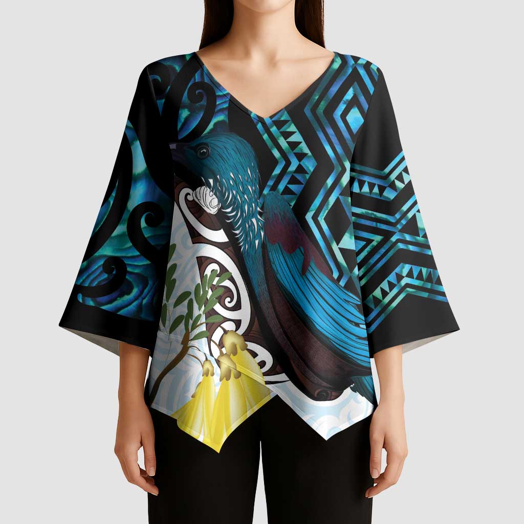 New Zealand Silver Fern Tui Bird Kimono Sleeve Blouse Maori Kowhai Paua Shell Taniko Motifs - Aussie Hoodie
