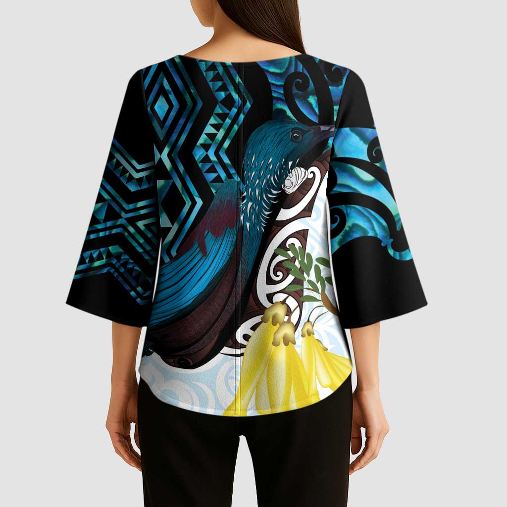 New Zealand Silver Fern Tui Bird Kimono Sleeve Blouse Maori Kowhai Paua Shell Taniko Motifs - Aussie Hoodie