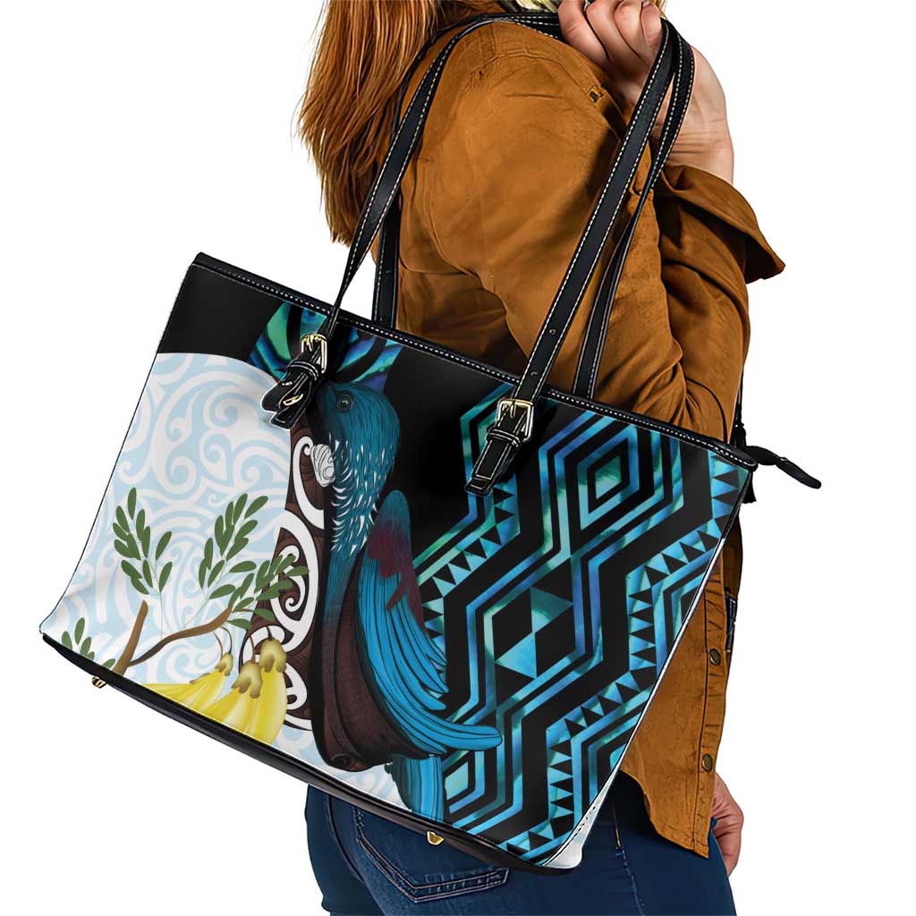 New Zealand Silver Fern Tui Bird Leather Tote Bag Maori Kowhai Paua Shell Taniko Motifs
