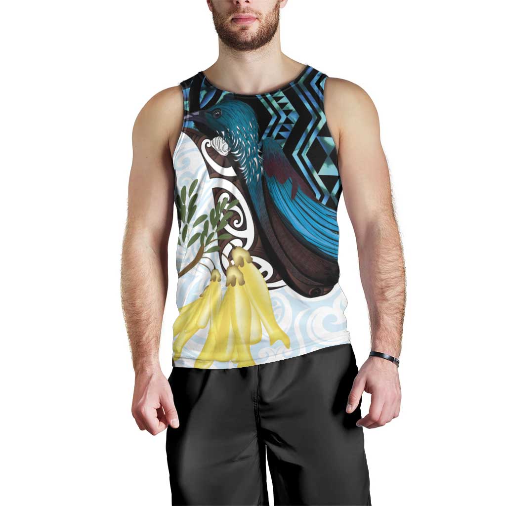 New Zealand Silver Fern Tui Bird Men Tank Top Maori Kowhai Paua Shell Taniko Motifs