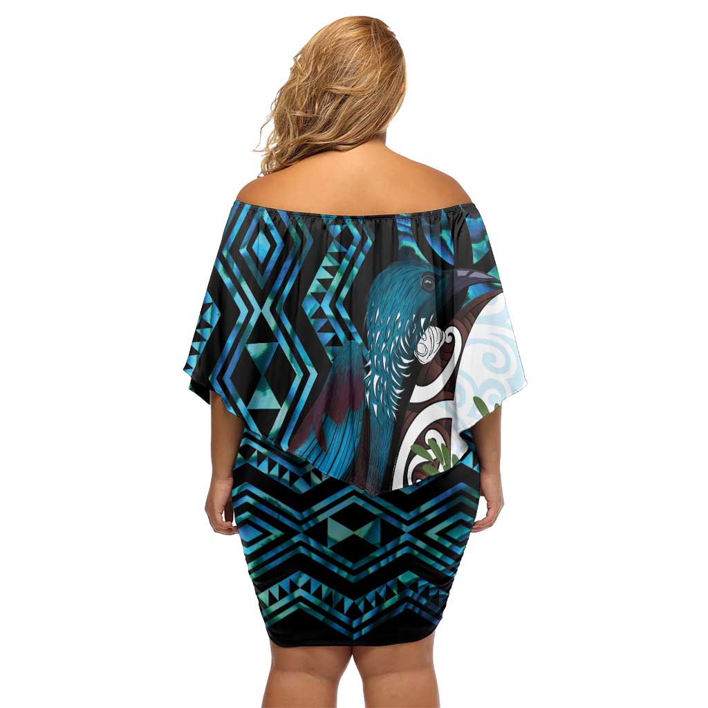 New Zealand Silver Fern Tui Bird Off Shoulder Short Dress Maori Kowhai Paua Shell Taniko Motifs