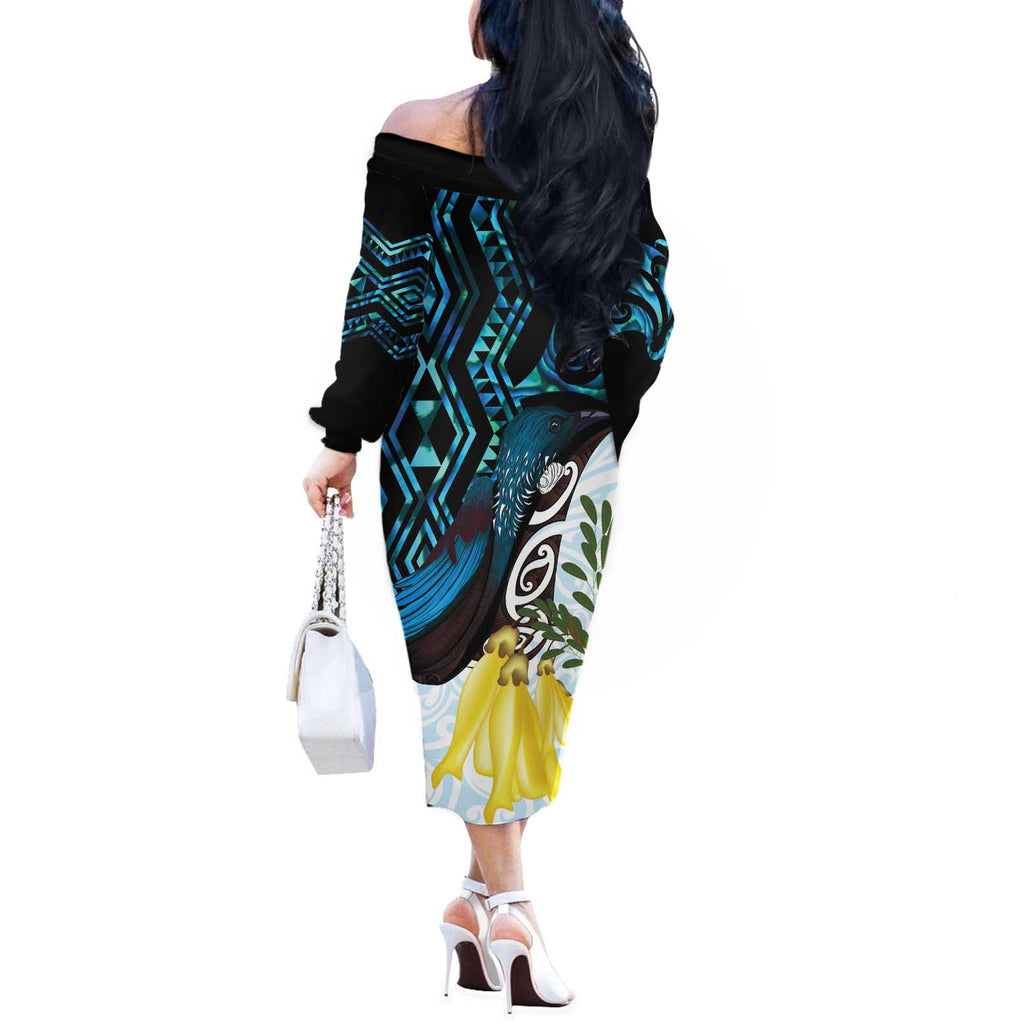 New Zealand Silver Fern Tui Bird Off The Shoulder Long Sleeve Dress Maori Kowhai Paua Shell Taniko Motifs