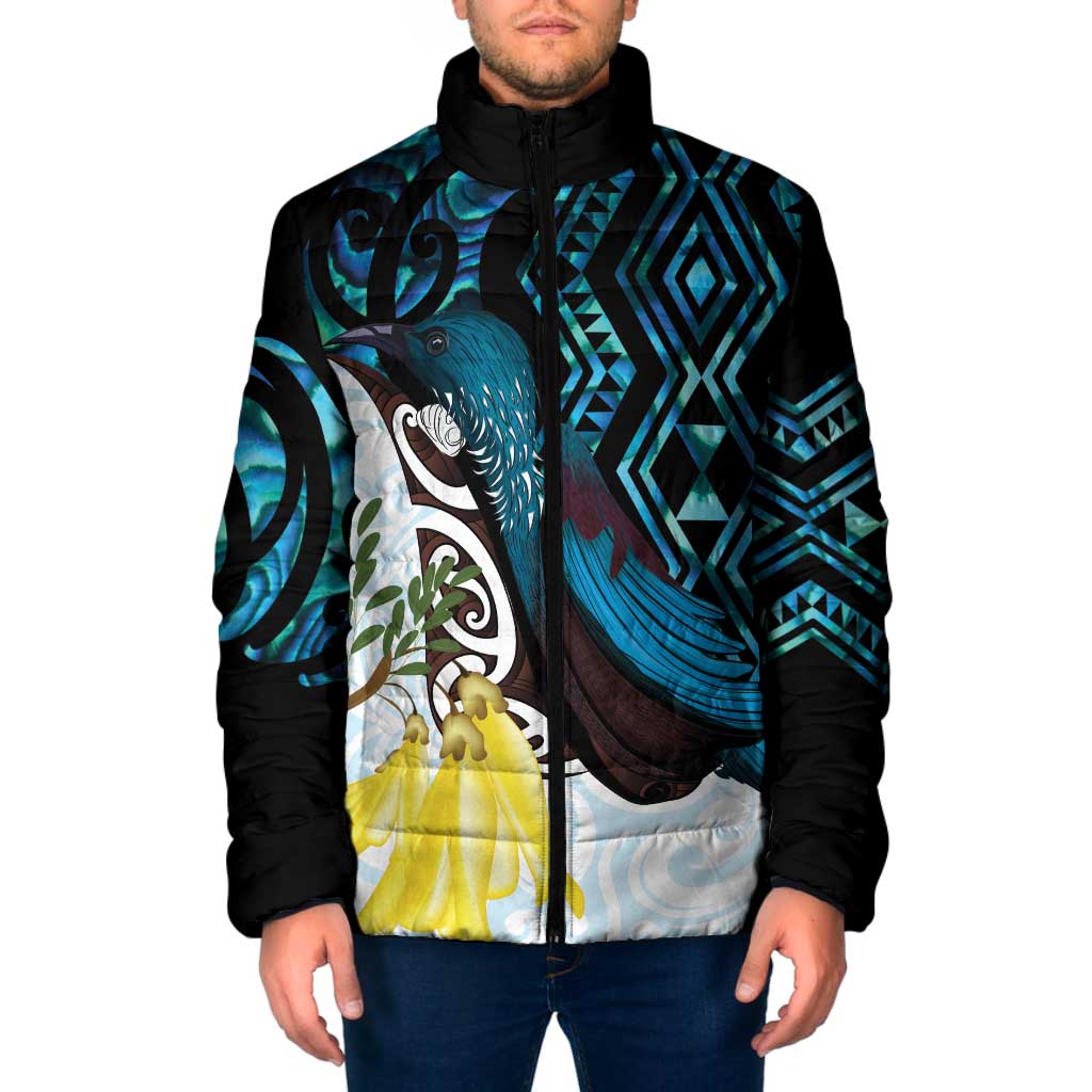 New Zealand Silver Fern Tui Bird Padded Jacket Maori Kowhai Paua Shell Taniko Motifs - Aussie Hoodie