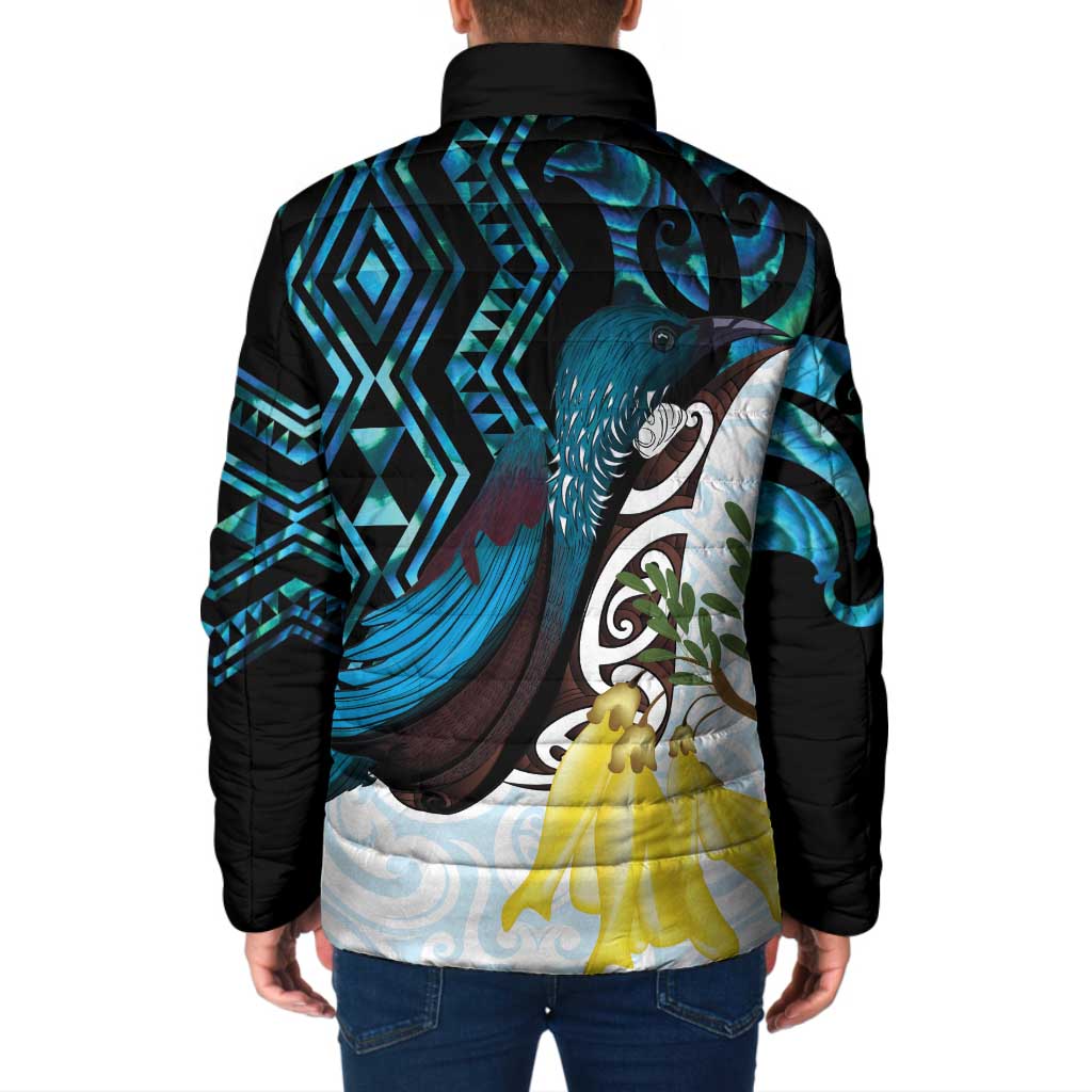 New Zealand Silver Fern Tui Bird Padded Jacket Maori Kowhai Paua Shell Taniko Motifs - Aussie Hoodie