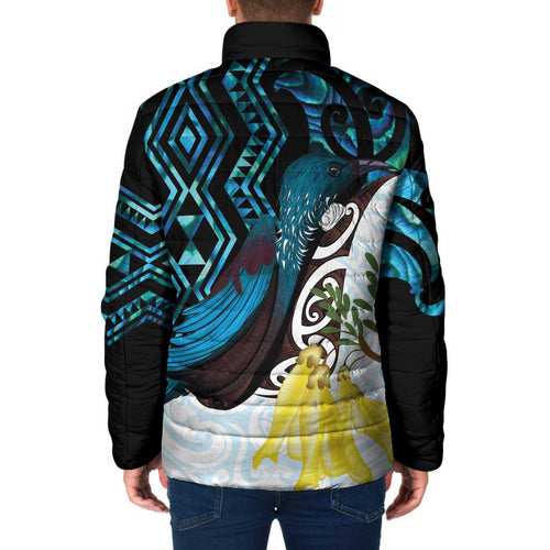 New Zealand Silver Fern Tui Bird Padded Jacket Maori Kowhai Paua Shell Taniko Motifs - Aussie Hoodie