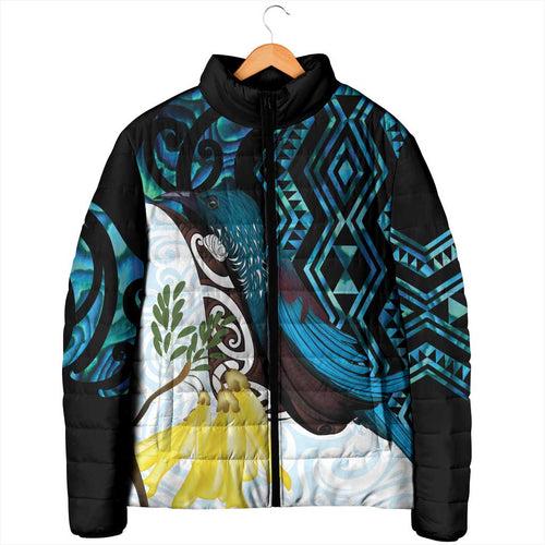 New Zealand Silver Fern Tui Bird Padded Jacket Maori Kowhai Paua Shell Taniko Motifs - Aussie Hoodie
