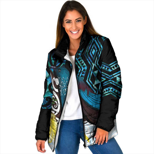 New Zealand Silver Fern Tui Bird Padded Jacket Maori Kowhai Paua Shell Taniko Motifs - Aussie Hoodie