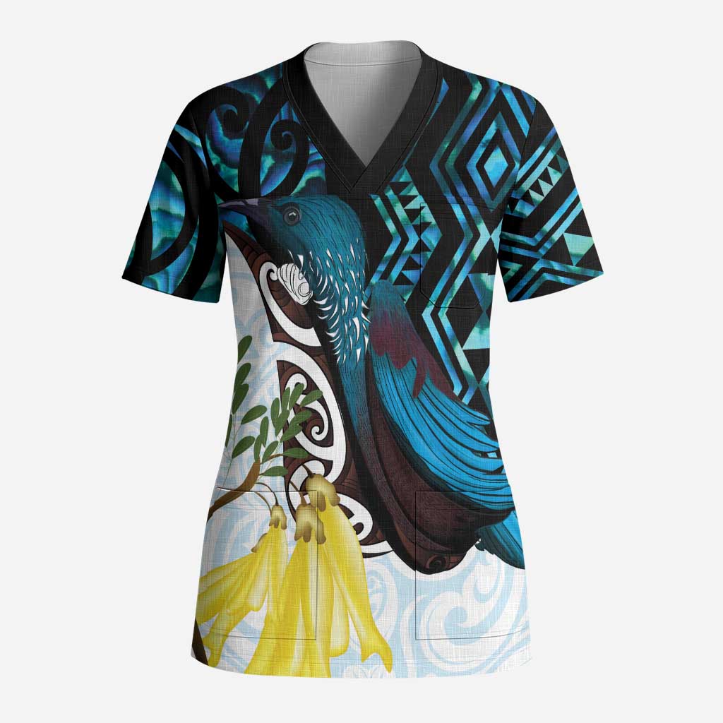 New Zealand Silver Fern Tui Bird Scrub Top Maori Kowhai Paua Shell Taniko Motifs - Aussie Hoodie