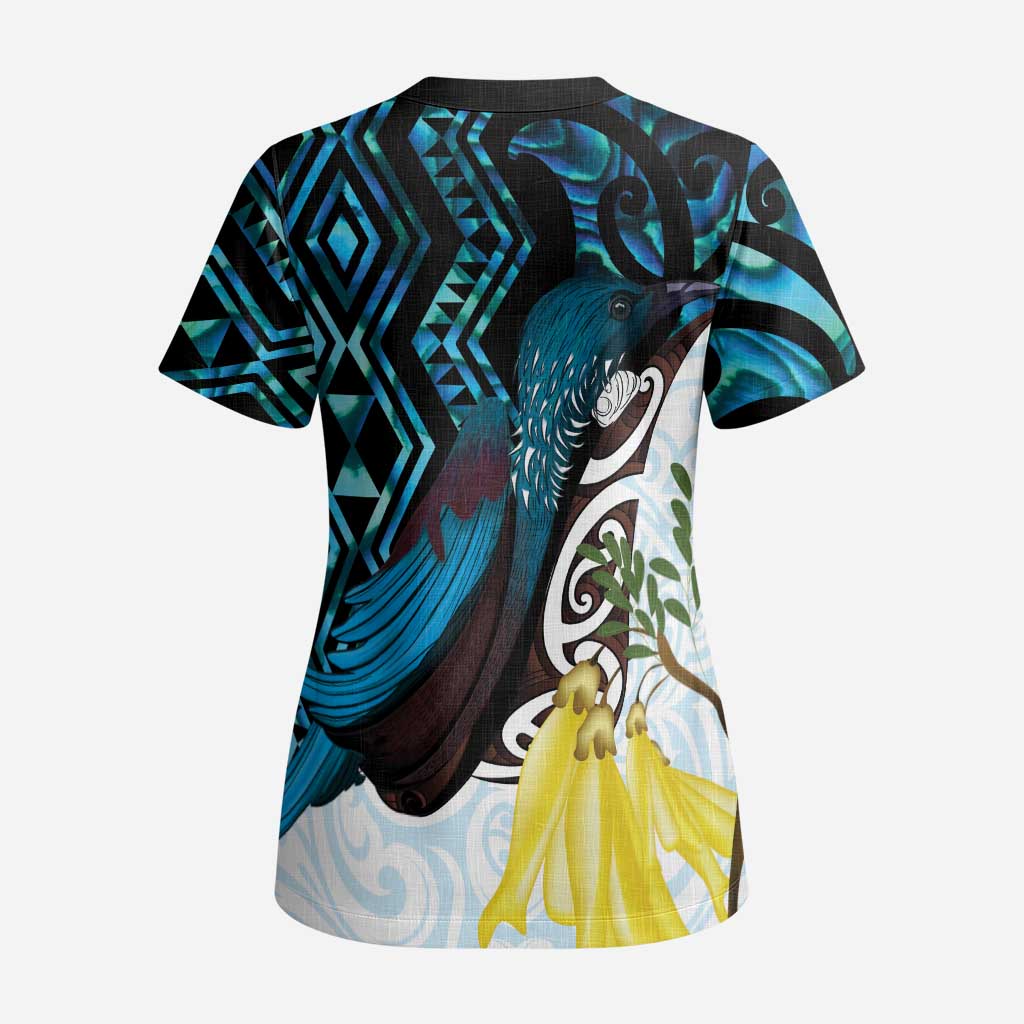 New Zealand Silver Fern Tui Bird Scrub Top Maori Kowhai Paua Shell Taniko Motifs - Aussie Hoodie