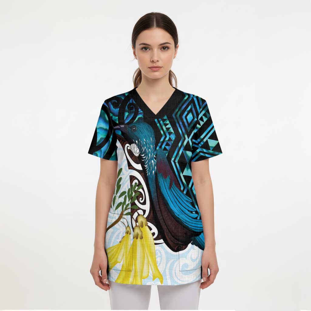 New Zealand Silver Fern Tui Bird Scrub Top Maori Kowhai Paua Shell Taniko Motifs - Aussie Hoodie