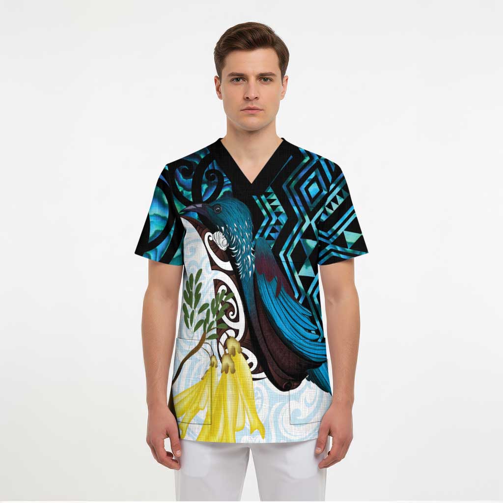 New Zealand Silver Fern Tui Bird Scrub Top Maori Kowhai Paua Shell Taniko Motifs - Aussie Hoodie