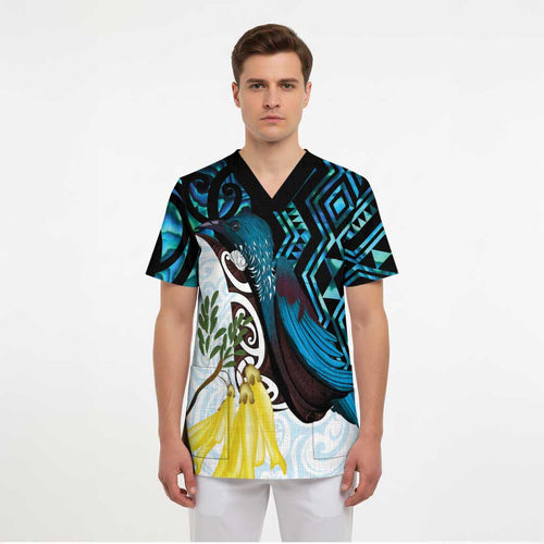 New Zealand Silver Fern Tui Bird Scrub Top Maori Kowhai Paua Shell Taniko Motifs - Aussie Hoodie