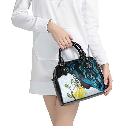 New Zealand Silver Fern Tui Bird Shoulder Handbag Maori Kowhai Paua Shell Taniko Motifs