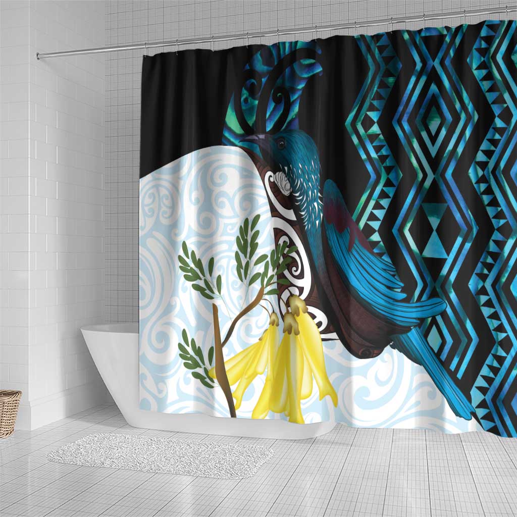 New Zealand Silver Fern Tui Bird Shower Curtain Maori Kowhai Paua Shell Taniko Motifs