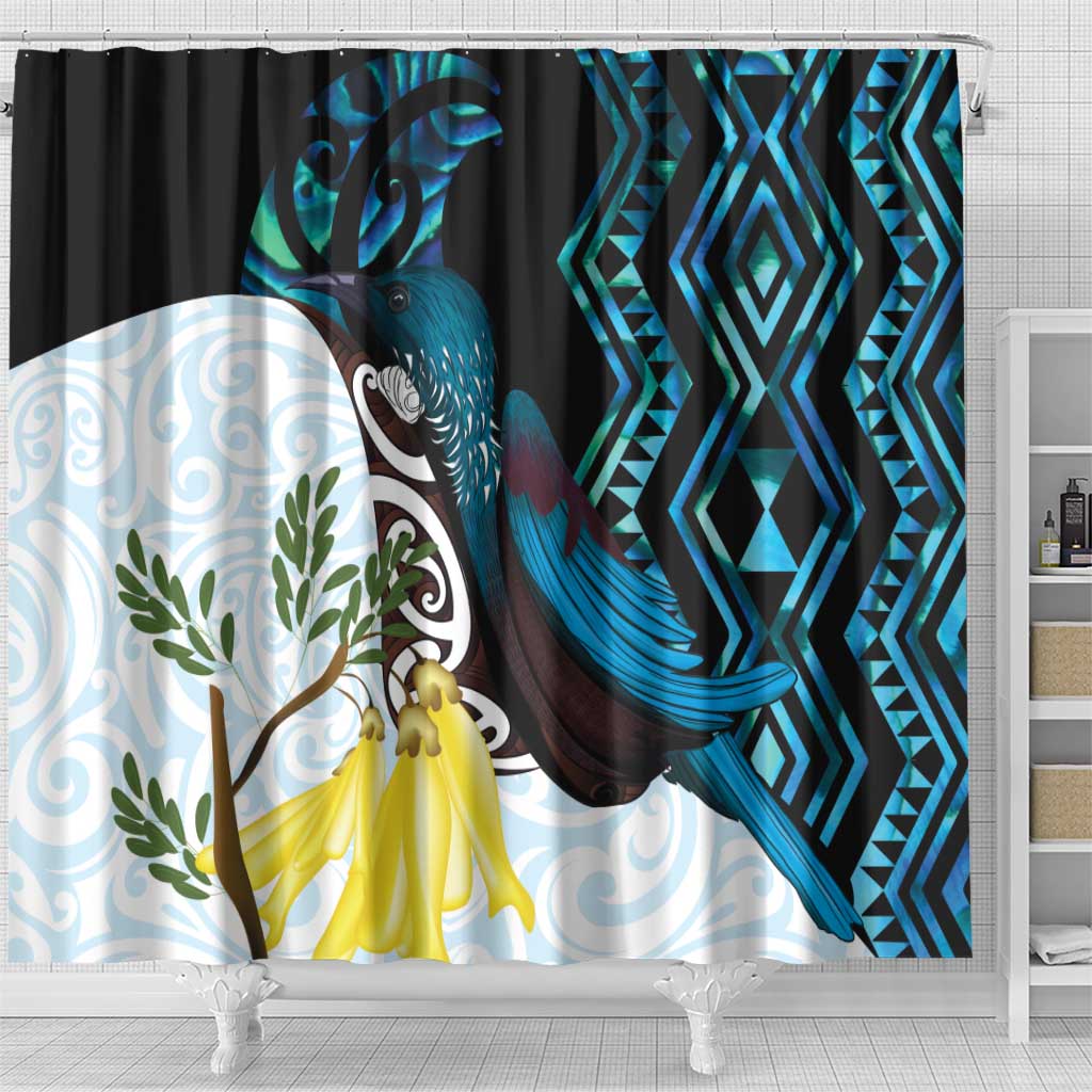 New Zealand Silver Fern Tui Bird Shower Curtain Maori Kowhai Paua Shell Taniko Motifs